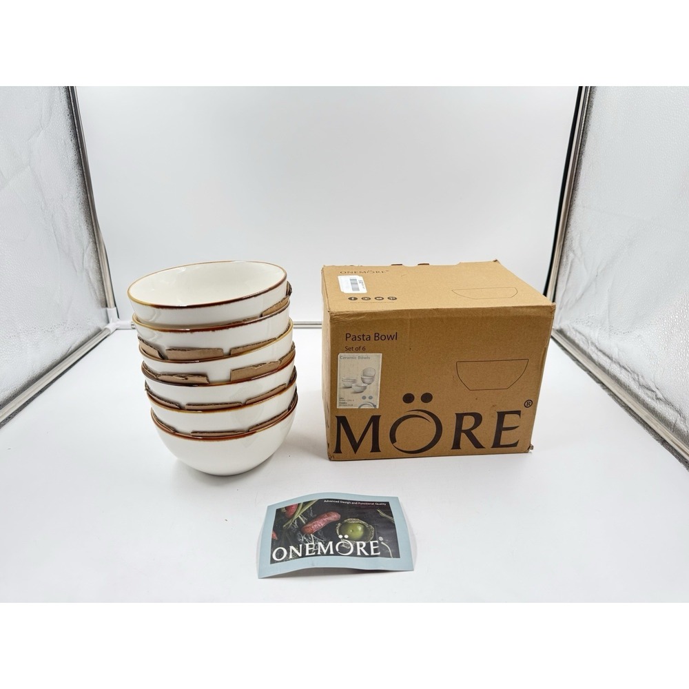 Ceramic Bowl Set of 6, 24 oz Soup Bowl Cereal Bowls with Brown Rim, Serving B...